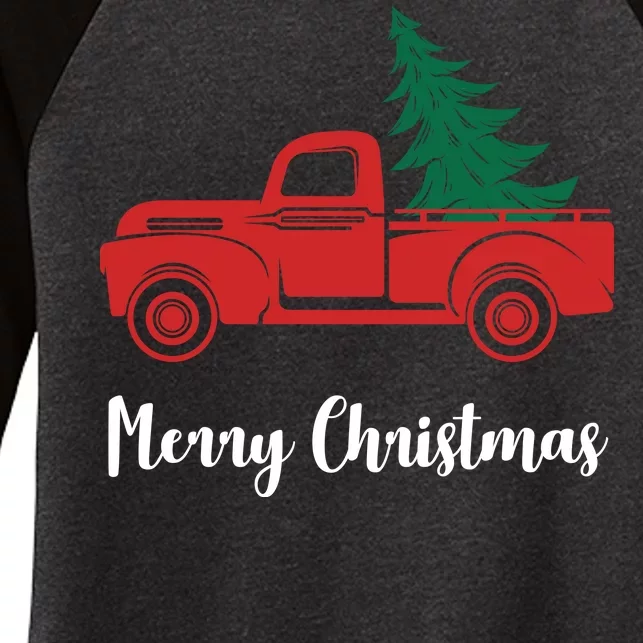 Merry Christmas Tree and Truck Women's Tri-Blend 3/4-Sleeve Raglan Shirt