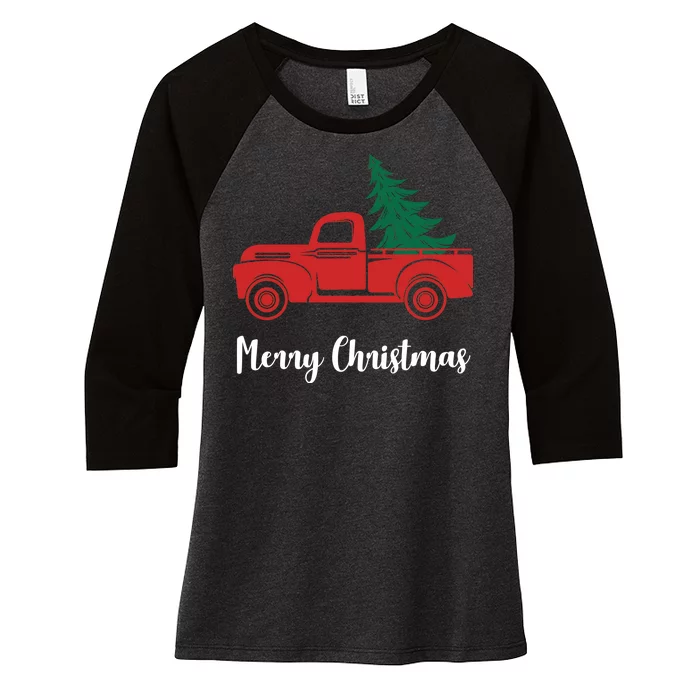 Merry Christmas Tree and Truck Women's Tri-Blend 3/4-Sleeve Raglan Shirt