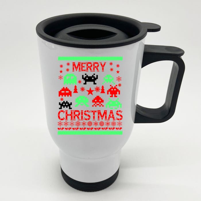 Merry Christmas Ugly Alien Sweater Front & Back Stainless Steel Travel Mug