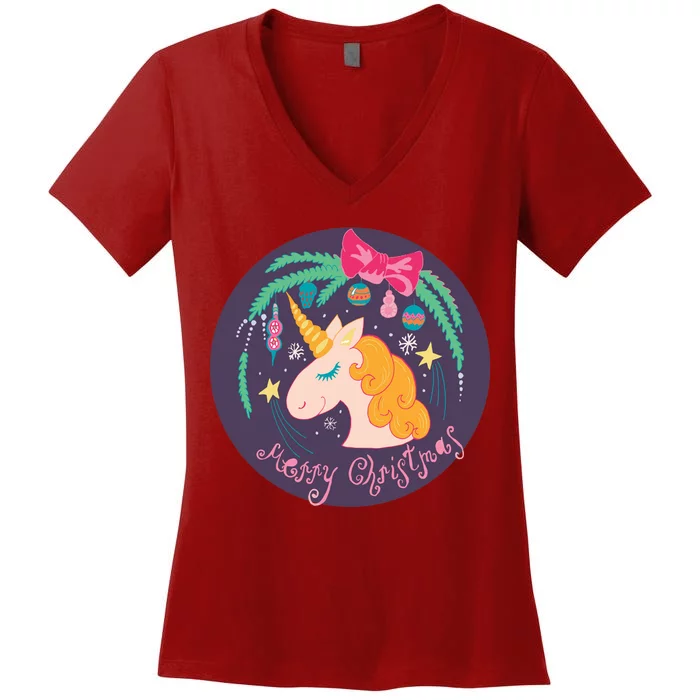 Merry Christmas Unicorn Women's V-Neck T-Shirt