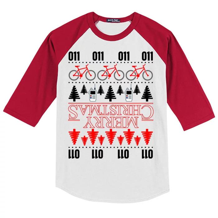 Merry Christmas Upside Down Ugly Sweater Kids Colorblock Raglan Jersey