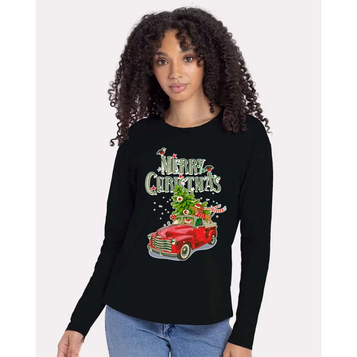 Merry Christmas Vintage Pickup Truck Tree Dachshund Womens Cotton Relaxed Long Sleeve T-Shirt