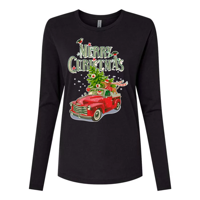 Merry Christmas Vintage Pickup Truck Tree Dachshund Womens Cotton Relaxed Long Sleeve T-Shirt