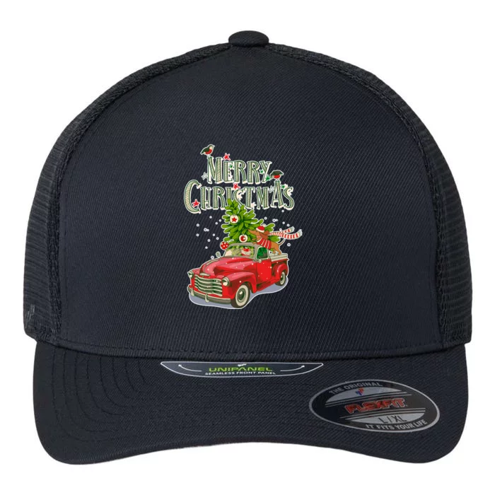 Merry Christmas Vintage Pickup Truck Tree Dachshund Flexfit Unipanel Trucker Cap