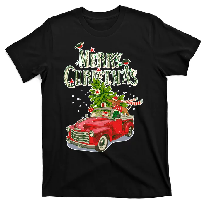 Merry Christmas Vintage Pickup Truck Tree Dachshund T-Shirt