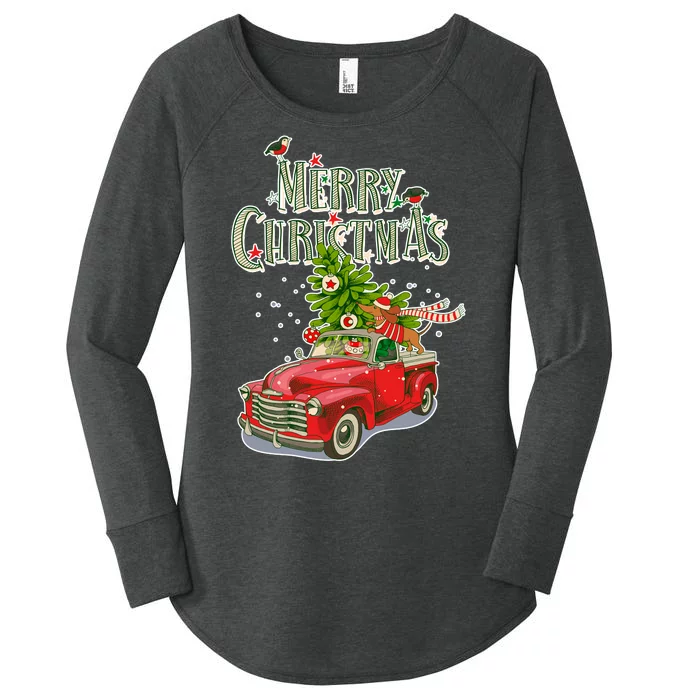 Merry Christmas Vintage Pickup Truck Tree Dachshund Women's Perfect Tri Tunic Long Sleeve Shirt