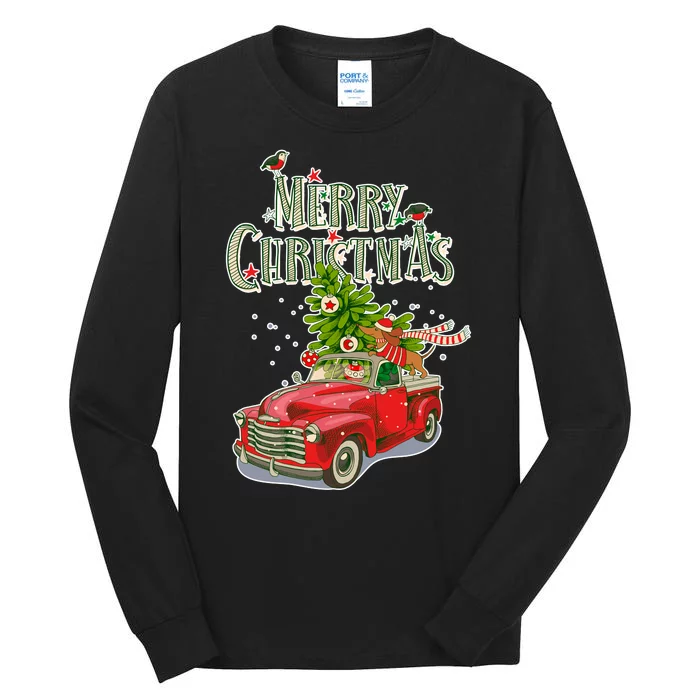 Merry Christmas Vintage Pickup Truck Tree Dachshund Tall Long Sleeve T-Shirt