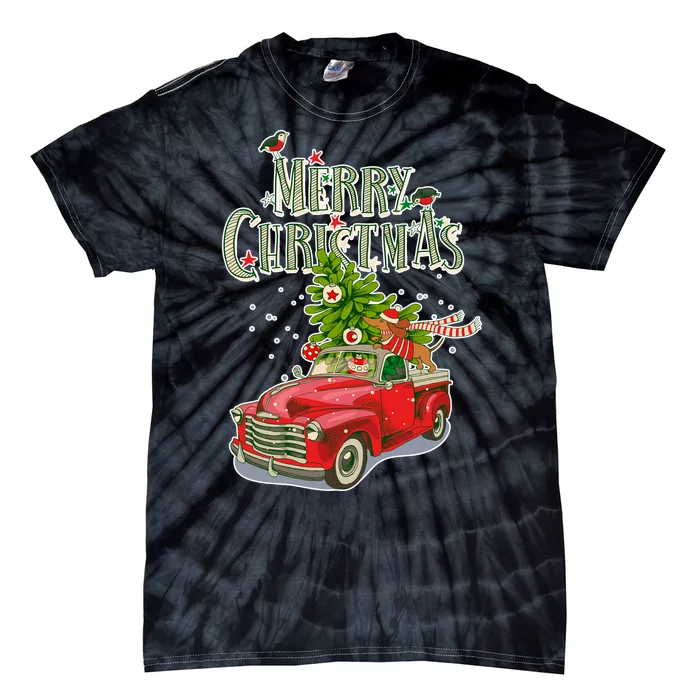 Merry Christmas Vintage Pickup Truck Tree Dachshund Tie-Dye T-Shirt