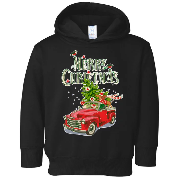 Merry Christmas Vintage Pickup Truck Tree Dachshund Toddler Hoodie