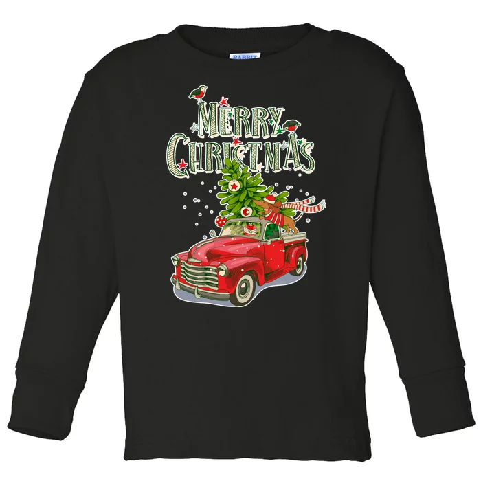 Merry Christmas Vintage Pickup Truck Tree Dachshund Toddler Long Sleeve Shirt