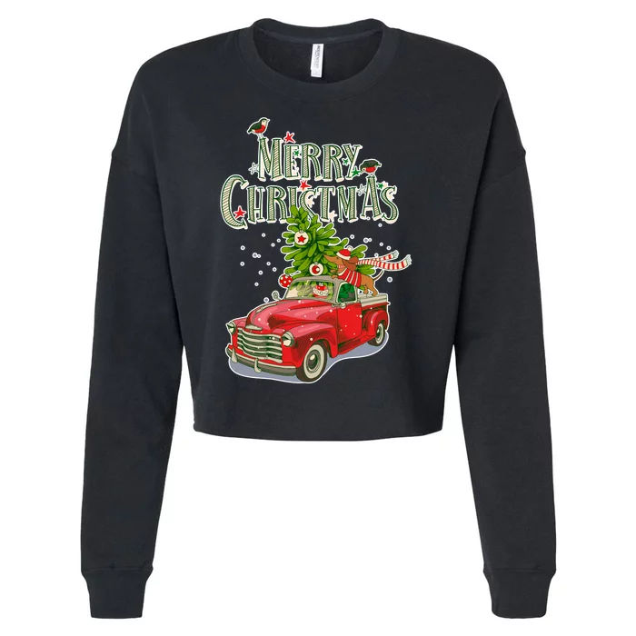 Merry Christmas Vintage Pickup Truck Tree Dachshund Cropped Pullover Crew