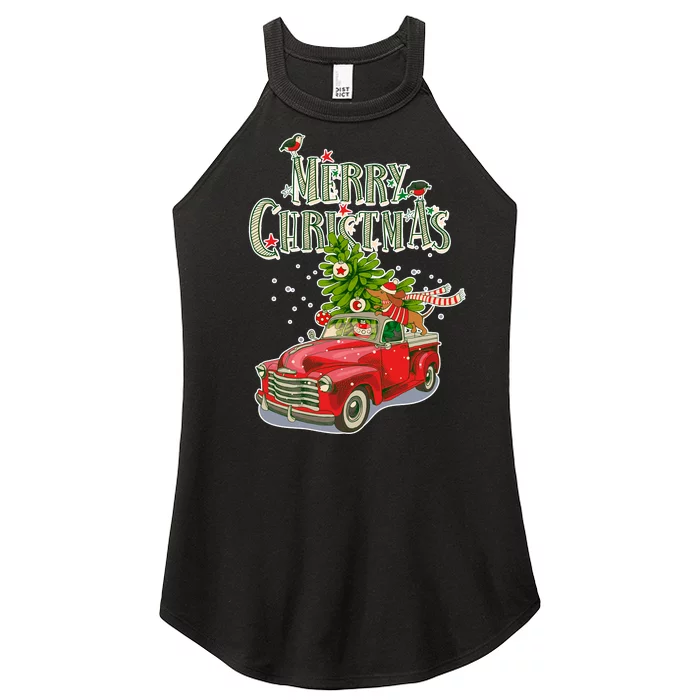 Merry Christmas Vintage Pickup Truck Tree Dachshund Women’s Perfect Tri Rocker Tank