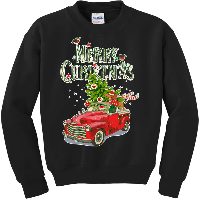 Merry Christmas Vintage Pickup Truck Tree Dachshund Kids Sweatshirt