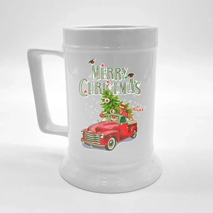 Merry Christmas Vintage Pickup Truck Tree Dachshund Front & Back Beer Stein