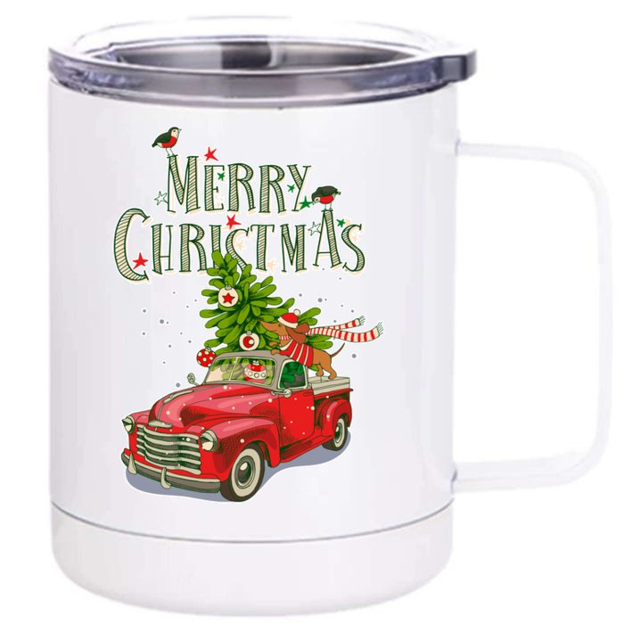 Merry Christmas Vintage Pickup Truck Tree Dachshund Front & Back 12oz Stainless Steel Tumbler Cup