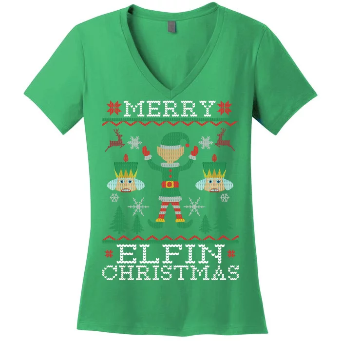 Merry Elfin Christmas Elf Ugly Women's V-Neck T-Shirt