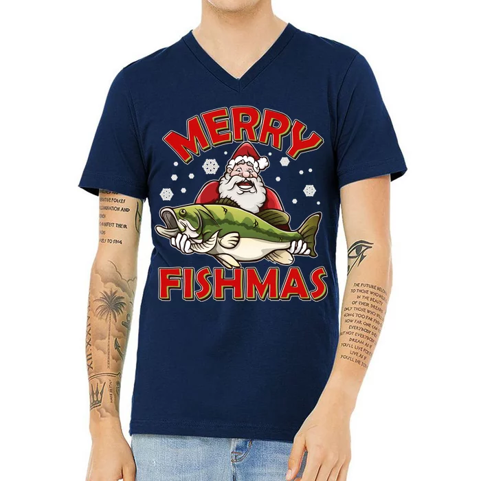 Merry Fishmas Christmas Fish Santa V-Neck T-Shirt