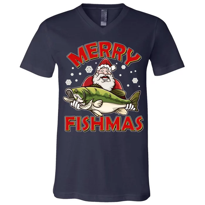 Merry Fishmas Christmas Fish Santa V-Neck T-Shirt