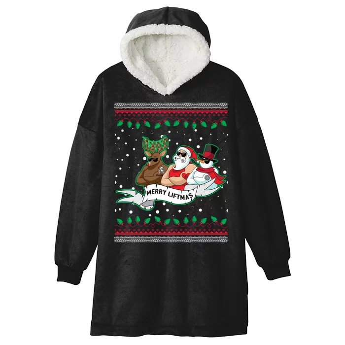 Merry Liftmas Funny Ugly Christmas Sweater Hooded Wearable Blanket