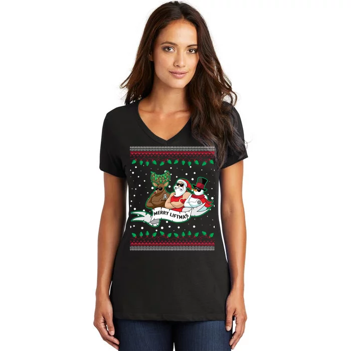 Merry Liftmas Funny Ugly Christmas Sweater Women's V-Neck T-Shirt