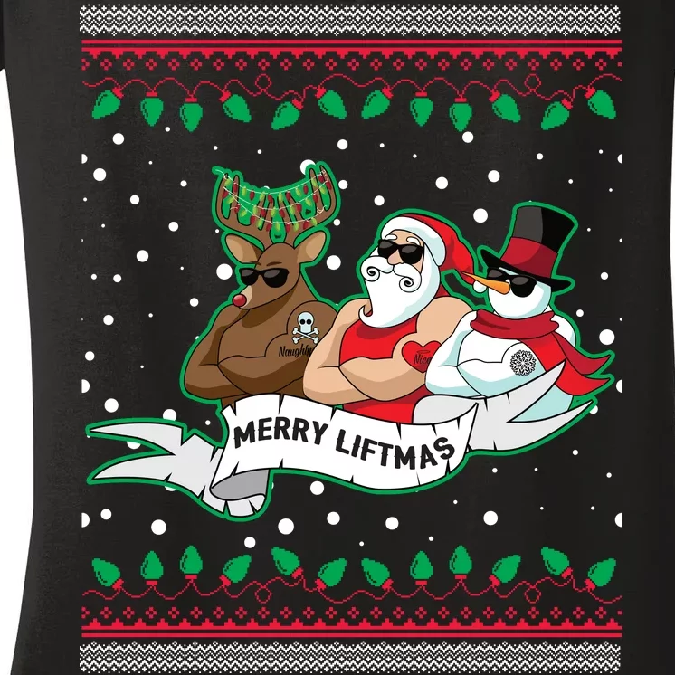 Merry Liftmas Funny Ugly Christmas Sweater Women's V-Neck T-Shirt