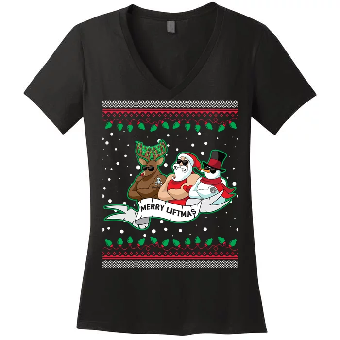 Merry Liftmas Funny Ugly Christmas Sweater Women's V-Neck T-Shirt