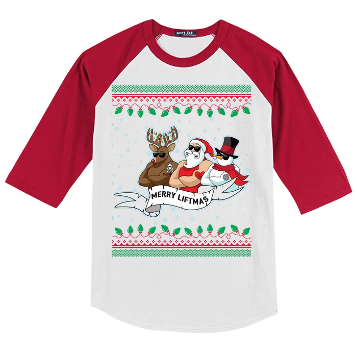 Merry Liftmas Funny Ugly Christmas Sweater Kids Colorblock Raglan Jersey