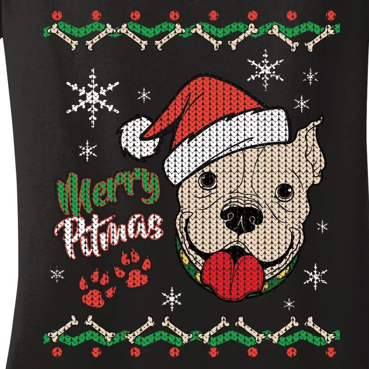 Merry Pitmas Ugly Christmas Sweater Women's V-Neck T-Shirt