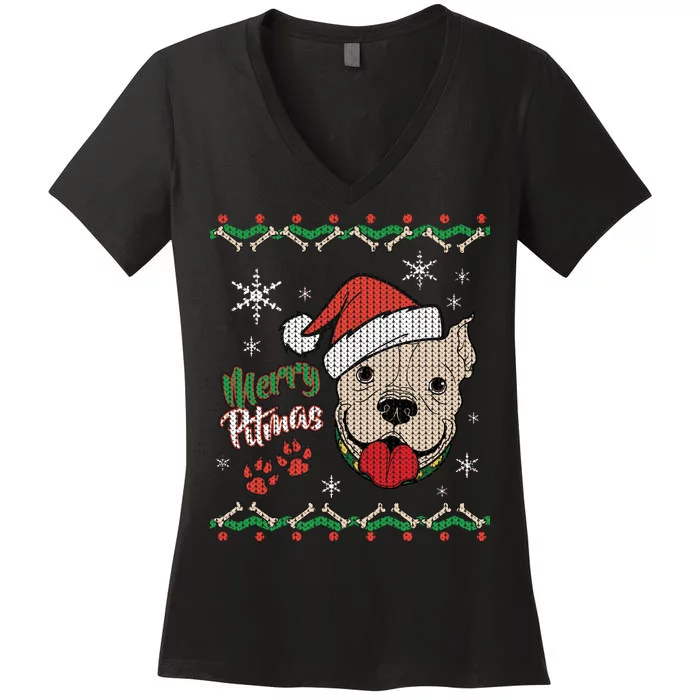 Merry Pitmas Ugly Christmas Sweater Women's V-Neck T-Shirt