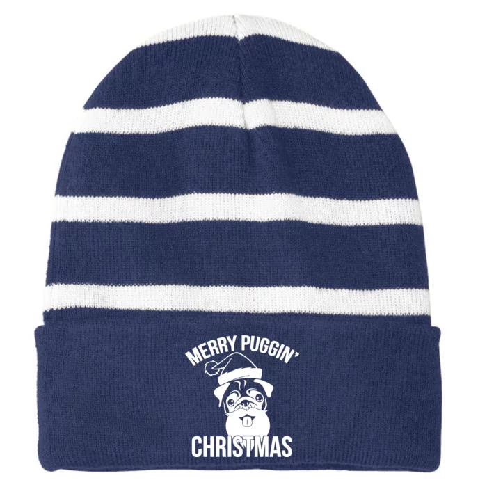 Merry Puggin Christmas Pug Striped Beanie with Solid Band