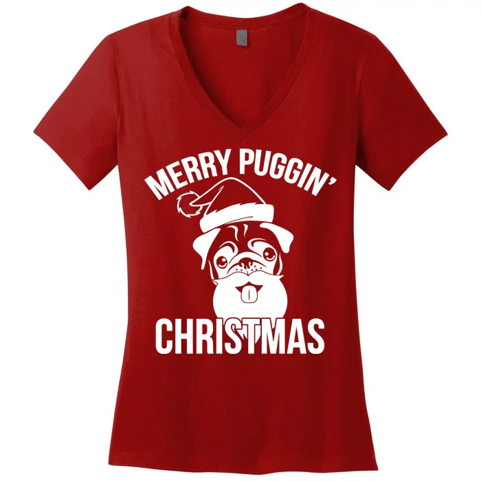 Merry Puggin Christmas Pug Women's V-Neck T-Shirt