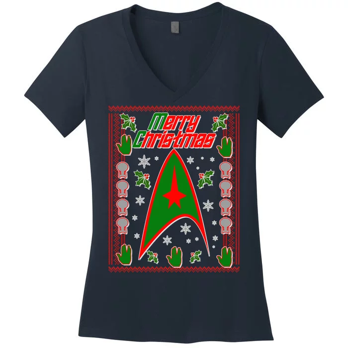 Merry Starfleet Christmas Ugly Sweater Women's V-Neck T-Shirt