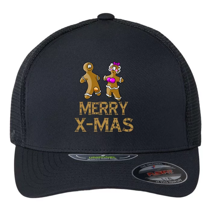 Merry X-Mas Funny Gingerbread Couple Flexfit Unipanel Trucker Cap