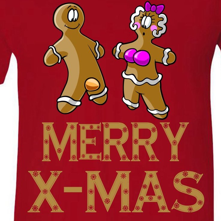Merry X-Mas Funny Gingerbread Couple V-Neck T-Shirt