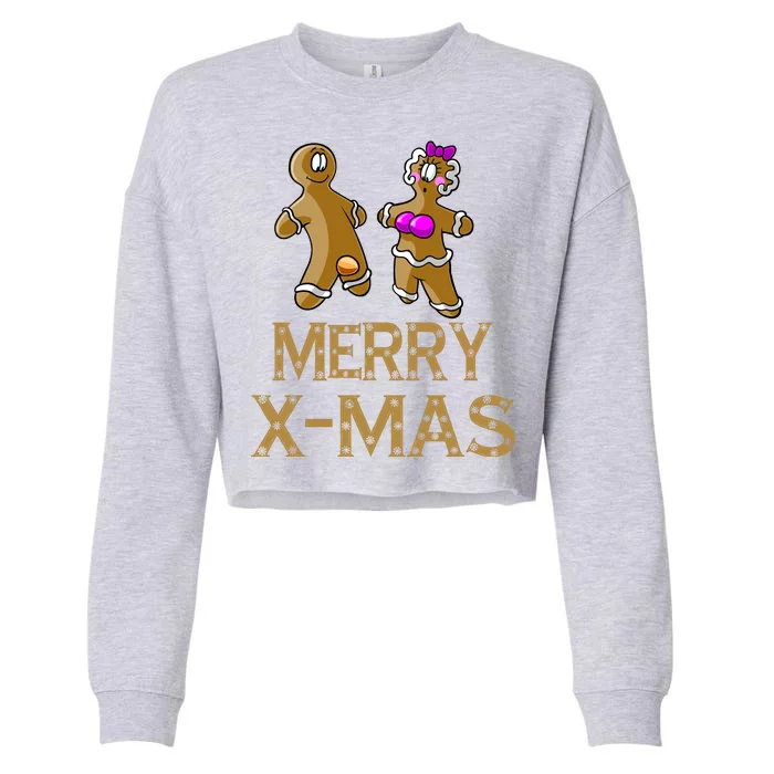 Merry X-Mas Funny Gingerbread Couple Cropped Pullover Crew