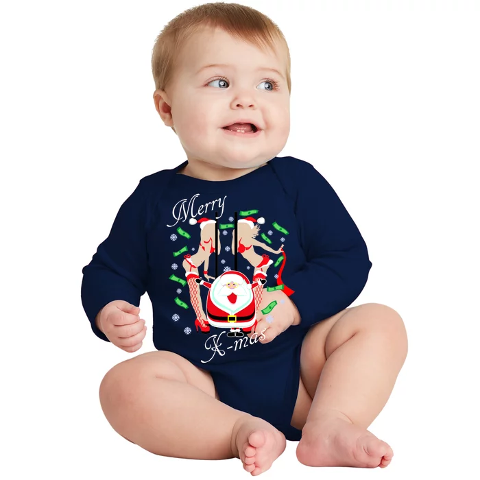 Merry X-Mas Santa's Little Strippers Baby Long Sleeve Bodysuit