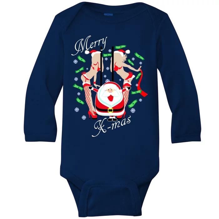 Merry X-Mas Santa's Little Strippers Baby Long Sleeve Bodysuit