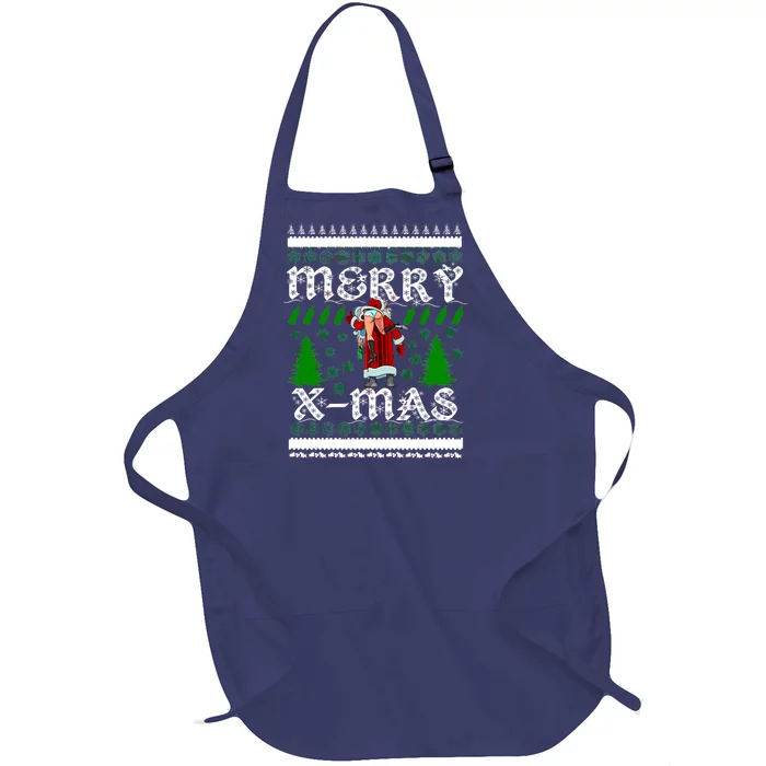 Merry X-Mas Ugly Christmas Sweater Full-Length Apron With Pocket