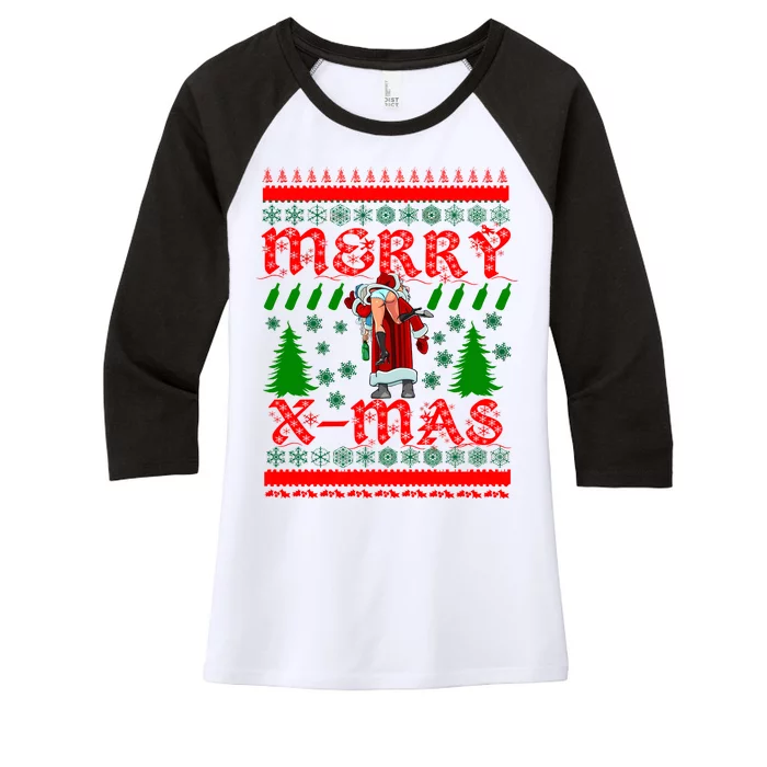 Merry X-Mas Ugly Christmas Sweater Women's Tri-Blend 3/4-Sleeve Raglan Shirt