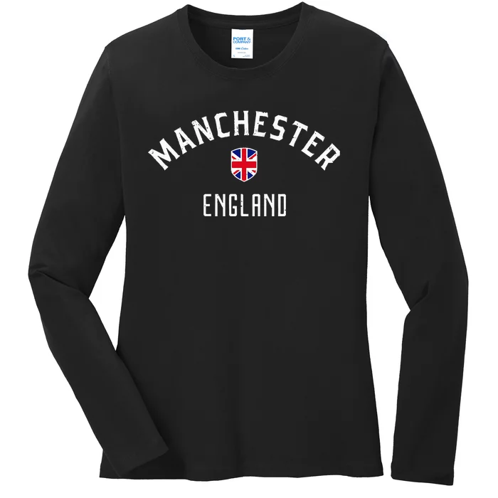 Manchester England United Kingdom British Flag Vintage Ladies Long Sleeve Shirt