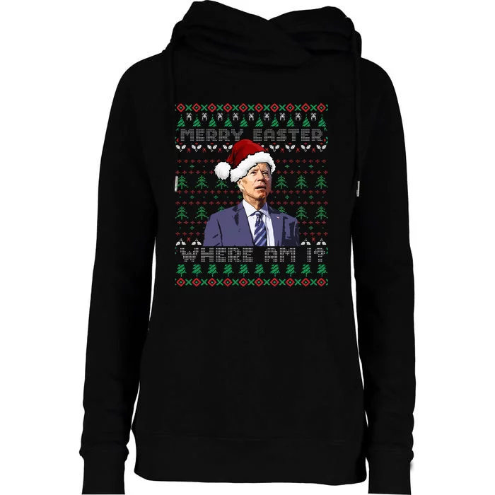 Merry Easter Where Am I Joe Biden Ugly Christmas Sweater Womens Funnel Neck Pullover Hood