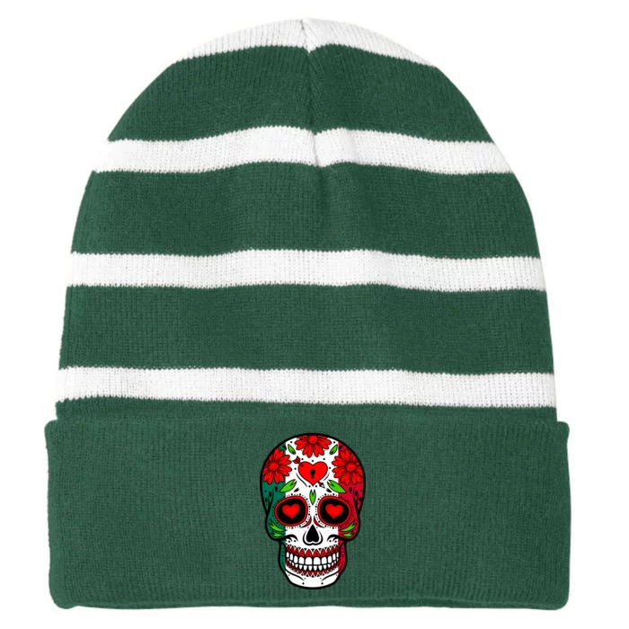 Mexican Sugar Skull Striped Beanie with Solid Band