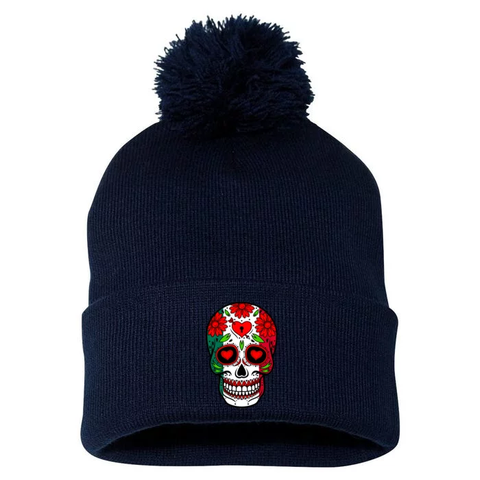 Mexican Sugar Skull Pom Pom 12in Knit Beanie