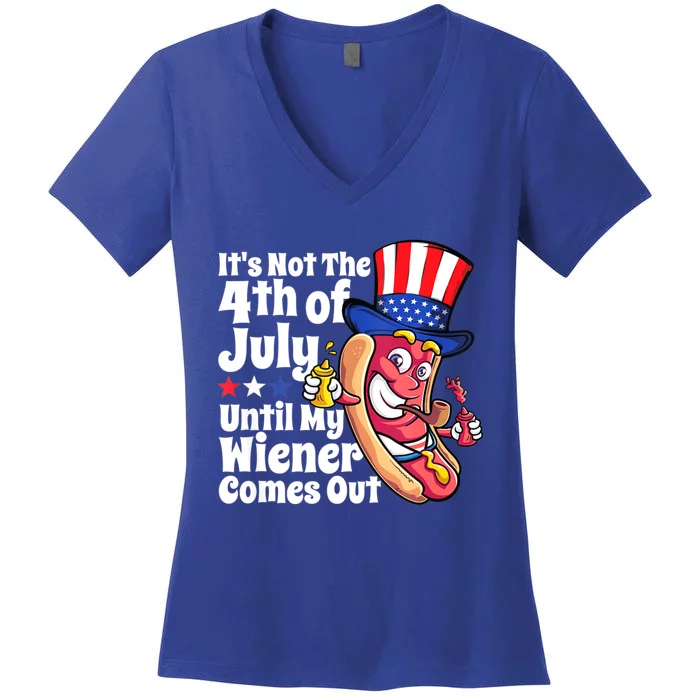 Mens Funny 4th Of July Hot Dog Wiener Comes Out Adult Humor Gift Women's V-Neck T-Shirt