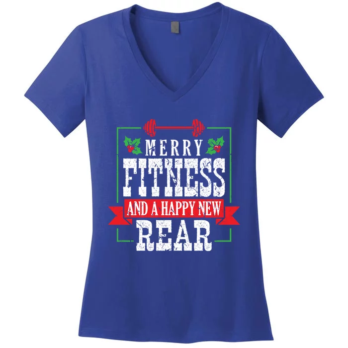 Merry Fitness And A Happy New Rear Christmas Holiday Gym Gift Women's V-Neck T-Shirt