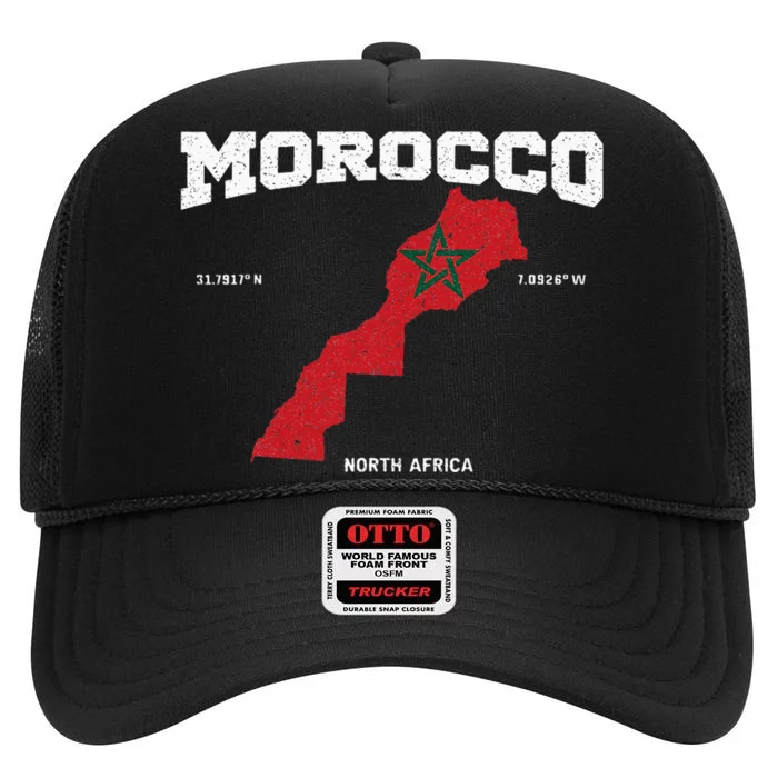 Morocco Flag And Map Moroccan Coordinates High Crown Mesh Trucker Hat