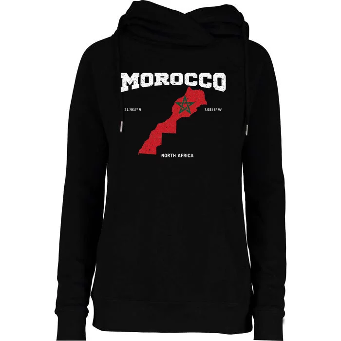 Morocco Flag And Map Moroccan Coordinates Womens Funnel Neck Pullover Hood