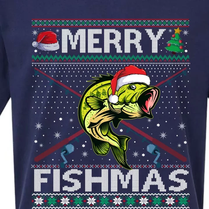 Merry Fishmas Bass Fish Fishing Christmas Ugly Sweater Xmas Great Gift Sueded Cloud Jersey T-Shirt