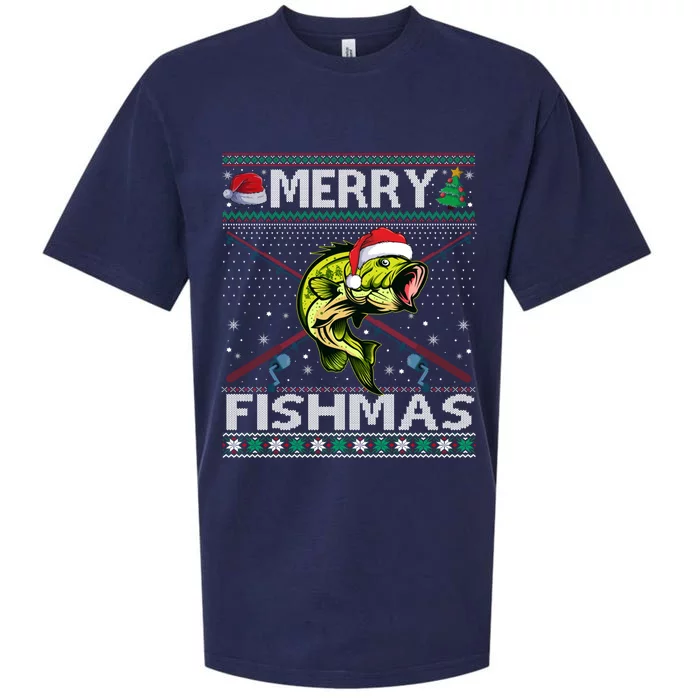 Merry Fishmas Bass Fish Fishing Christmas Ugly Sweater Xmas Great Gift Sueded Cloud Jersey T-Shirt