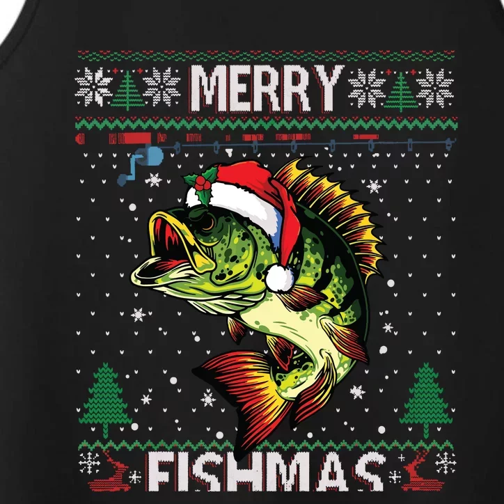 Merry Fishmas Bass Fish Fishing Christmas Ugly Sweater Xmas Performance Tank